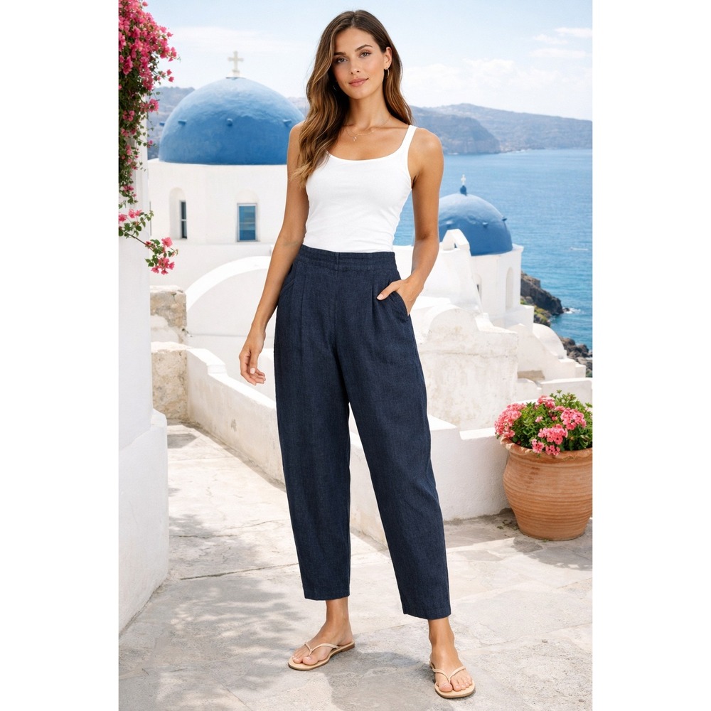 FLAX 100% Linen Blue Pants Petite Relaxed Lagenlook Travel Resort Quiet Luxury‎
